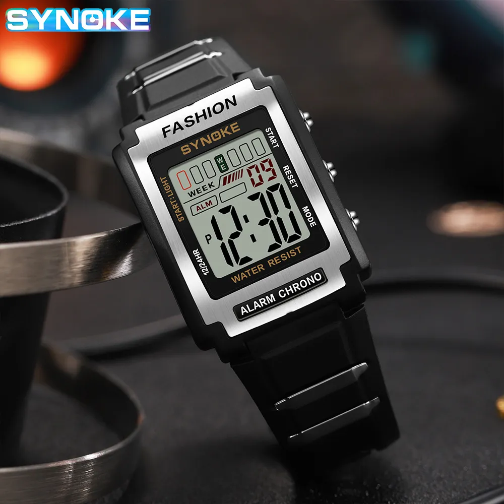 Synoke men's rectangular sports electronic watch, waterproof, 50m night lights, large screen alarm clock, trendy retro style