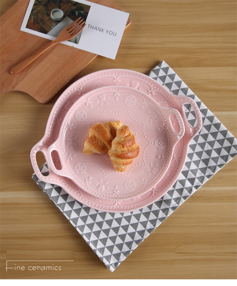 2pcs set, white embossed porcelain buffet dishes serving tray, food tray, ceramic toast cake plates, bbq dish with handle party