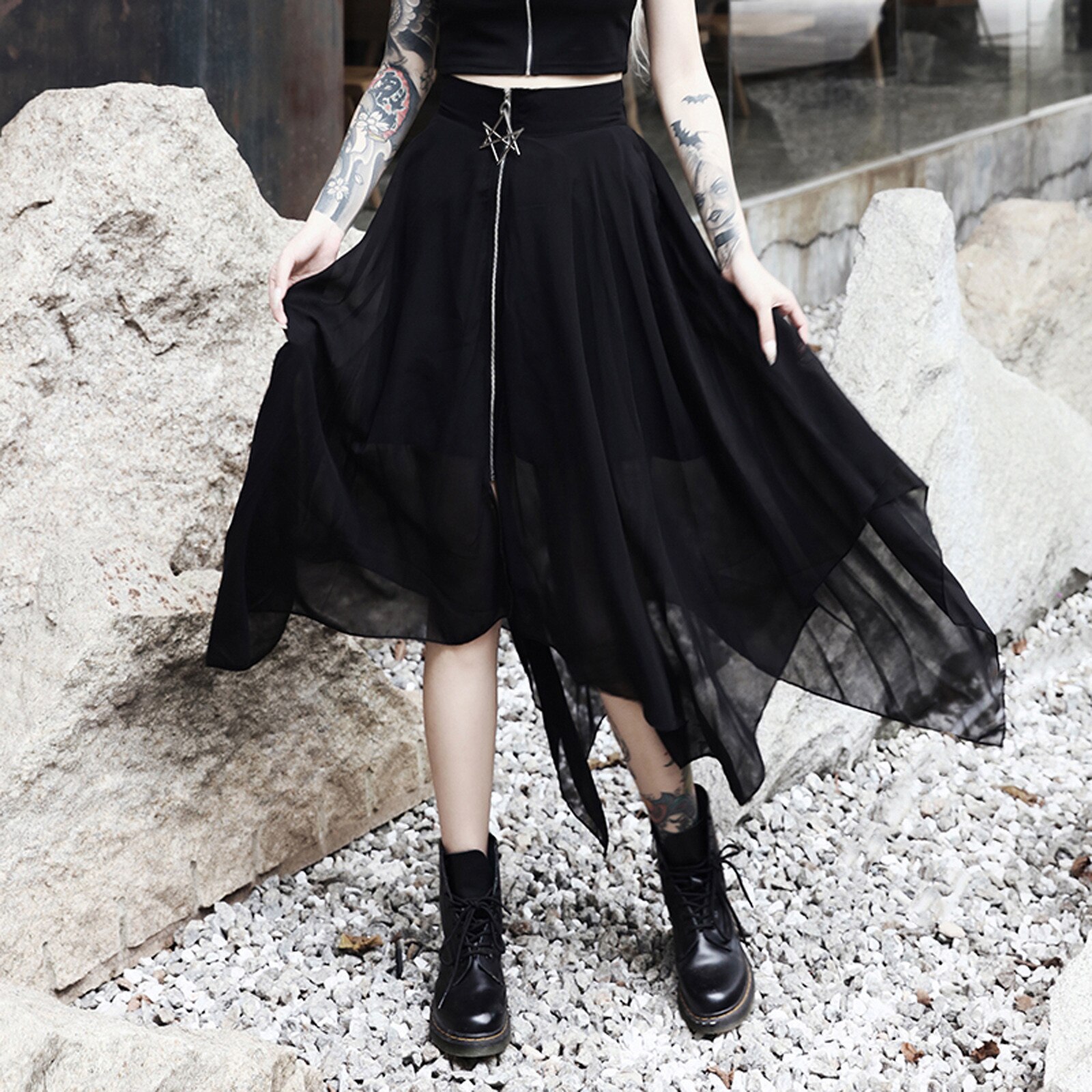 Women's Punk Buckle Mesh Overlapping Short Skirt