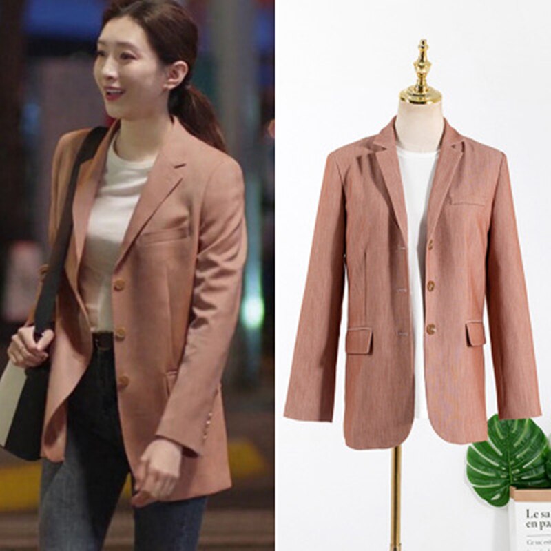 Trend pink løs afslappet jakkesæt frakke i koreansk stil
