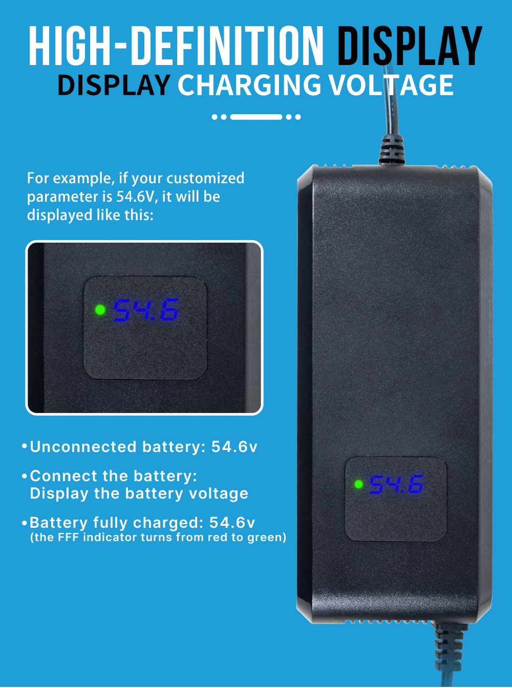 YZPOWER 42V 5A 10S Premium Charger for Lithium Batteries, Electric Scooters with PFC with high definition voltage display