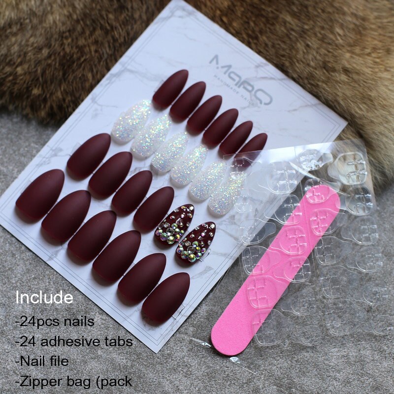 Blauw Medium Stiletto Nagels Mat Bordeaux Kunstnagels Witte Parel Strass Glitter Nagels Zwart Art Shining: RedNails-Stickers