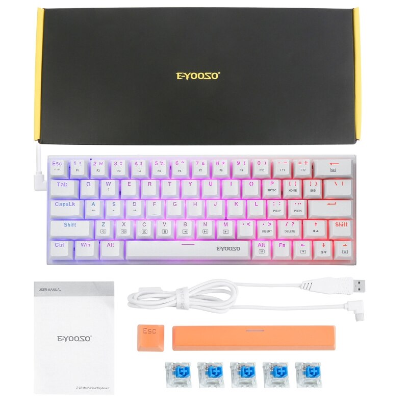 Z-22 Type-C 63 Keys Mechanical Keyboard USB RGB Backlit Axis Gaming Mechanical Keyboard Optical Switches Swappable: Blue Switch