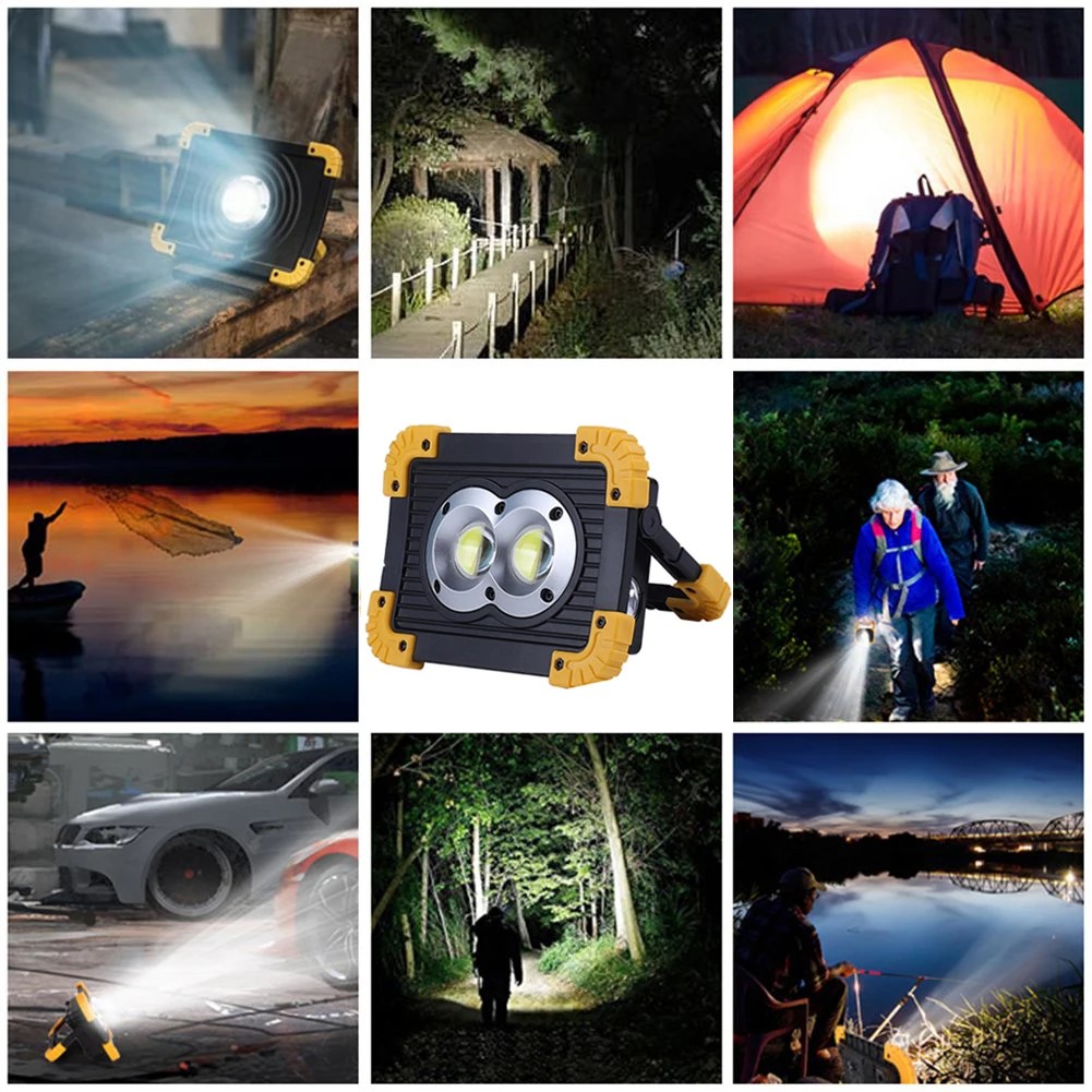 Foco LED COB portátil de 100W, Lámpara de trabajo ultra brillante, recargable por USB al aire libre para acampar, lámpara de emergencia 18650