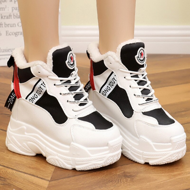 Kengät naiset nahka nauhat korkea toppi musta trendikäs tennarit alustan korkeuden lisäys kengät naiset nilkka talvi lämmin pehmolenkkari