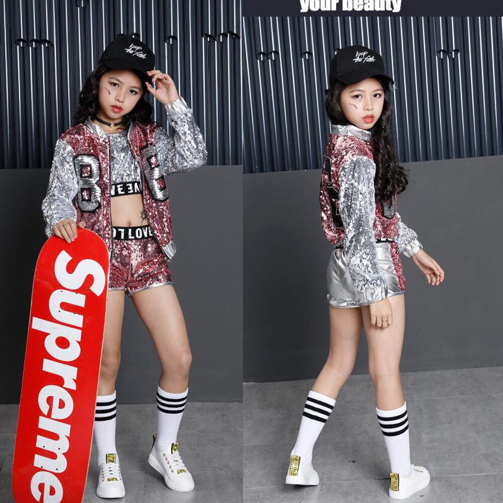 Costume de concours de danse Jazz Hip Hop pour filles, débardeur, short, veste, manteau pour enfants, vêtements de scène