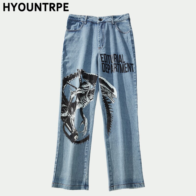 Herreprintede denim jeans efterår high street afslappet løs lige lynlås jean jogger hip hop streetwear bukser jeans: M