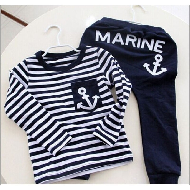 Marine Navy Sailor Boys Tracksuits 100% Cotton Children's T-Shirts Trousers Sets Stripe Boy Sweatshirts Pant Suit: 5T