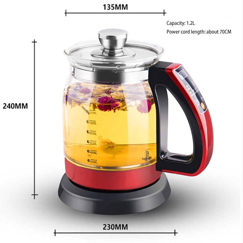 Waterkoker 1.2L Glas Gezondheid Behoud Pot Elektrische Warm Water Ketel Met Automatische Verwarming Roestvrij Staal Thee Afvoer: red