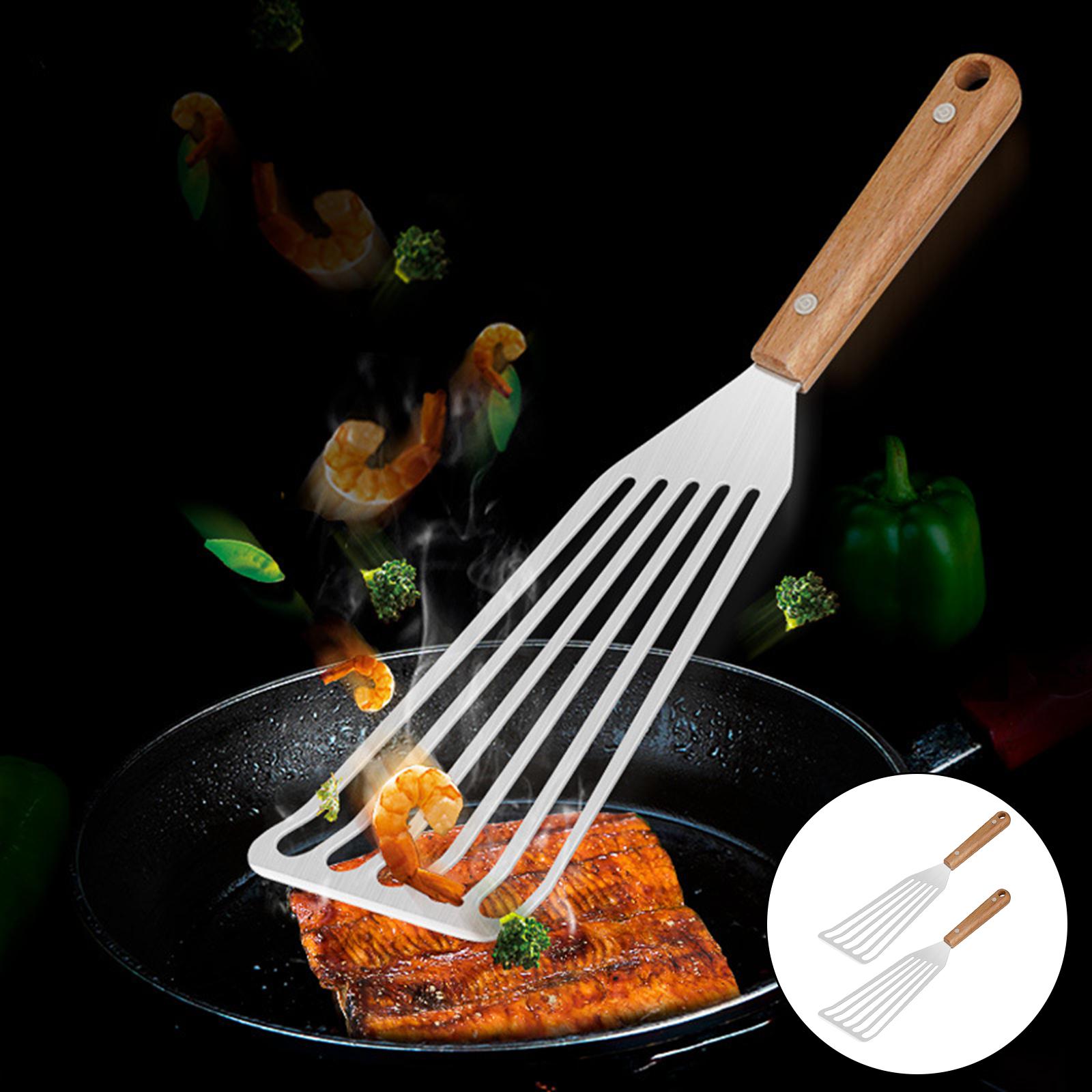 Slotted Fish Spatula Non-Stick Kitchen Tools Bevel Edge Extra Large Fish Turner for Cooking Fish, Meat: L Wood Handle