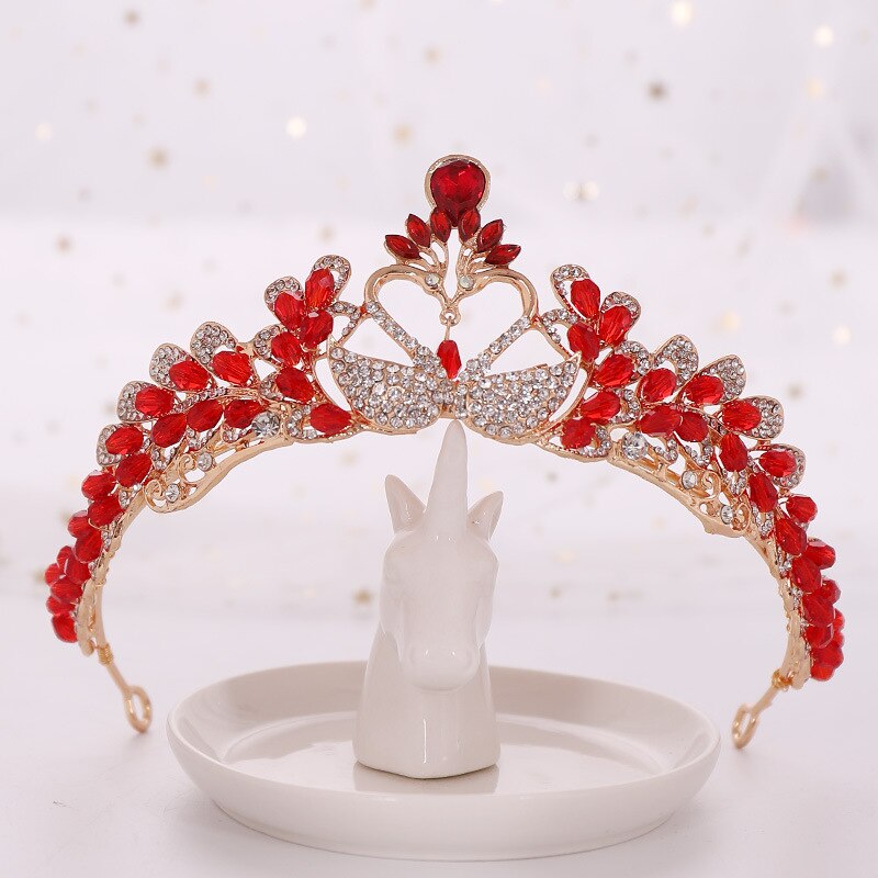 Chinese Red Children Party Crowns Crystals Beaded Swans Wedding Tiaras For Kids Flower Girl Head Accessory SQ452: Default Title