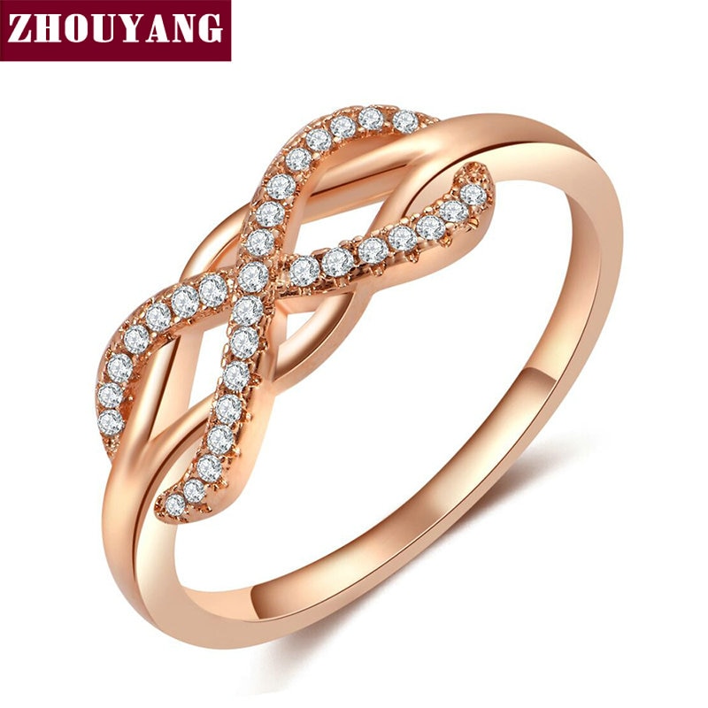 ZHOUYANG Wedding Ring Voor Vrouwen Romantische Eindeloze Liefde Zirconia Hollowout 8 Rose Goud Kleur Party Mode-sieraden R836