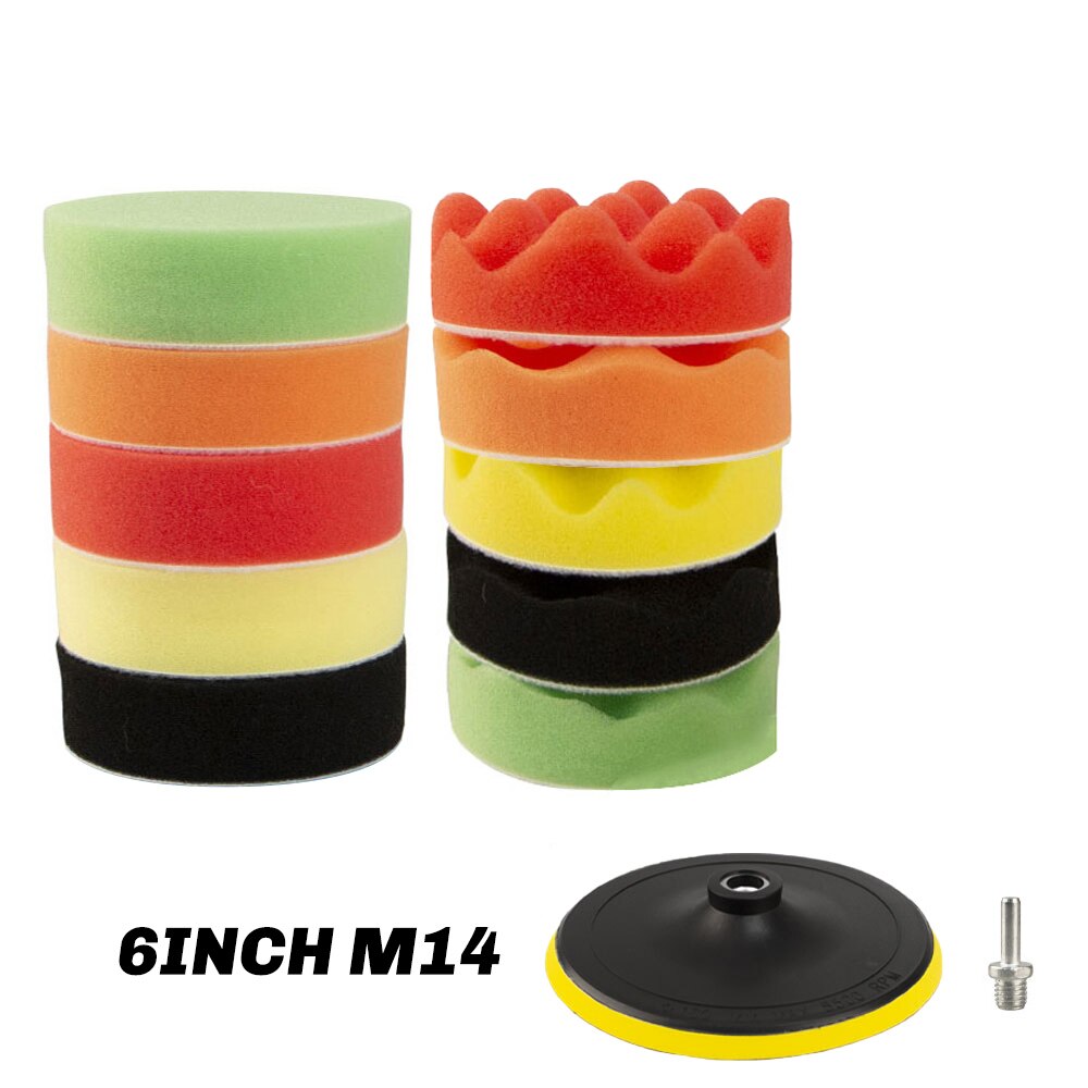 Almohadillas de pulido para coche, Kit de almohadillas de esponja para pulir, adaptador de taladro, herramientas eléctricas, accesorios para automóviles, M10, M14, 16 Uds.: 6INCH KIT M14