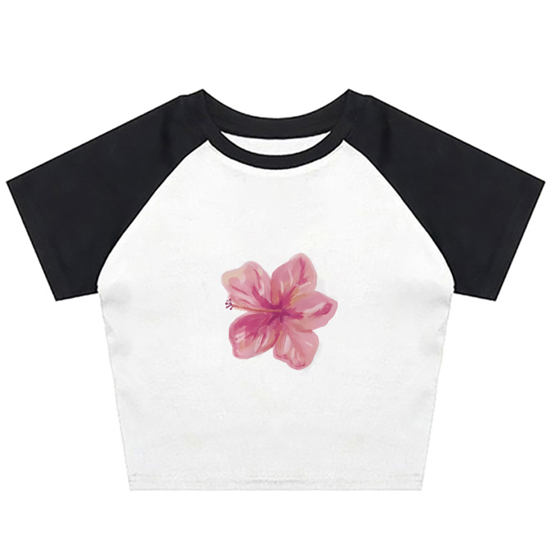 Camiseta gótica retro Harajuku ajustada de manga corta para mujer, ropa de calle, camiseta de bebé con estampado de flores lindas, top corto: L / Negro