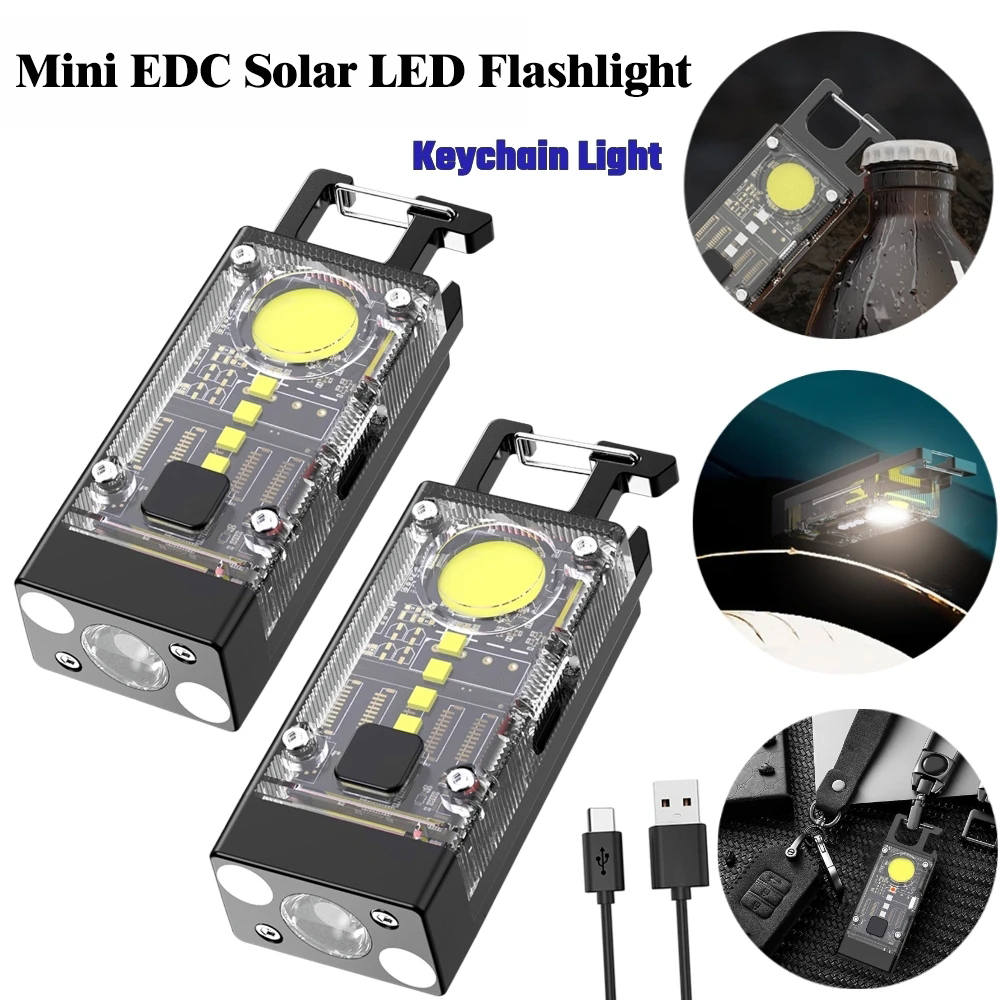 Mini lampe de poche LED solaire EDC, torche porte-clés multifonctionnelle portable, lanterne de camping COB aste par USB avec magnétique de bain
