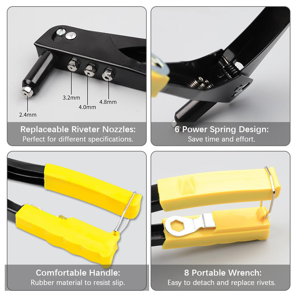 Rivet Gun Kit Heavy Duty Single Hand Manual Riveter with 4 Interchangeable Heads 3/32 Inch 1/8 Inhc 5/32 Inch 3/16 Inch
