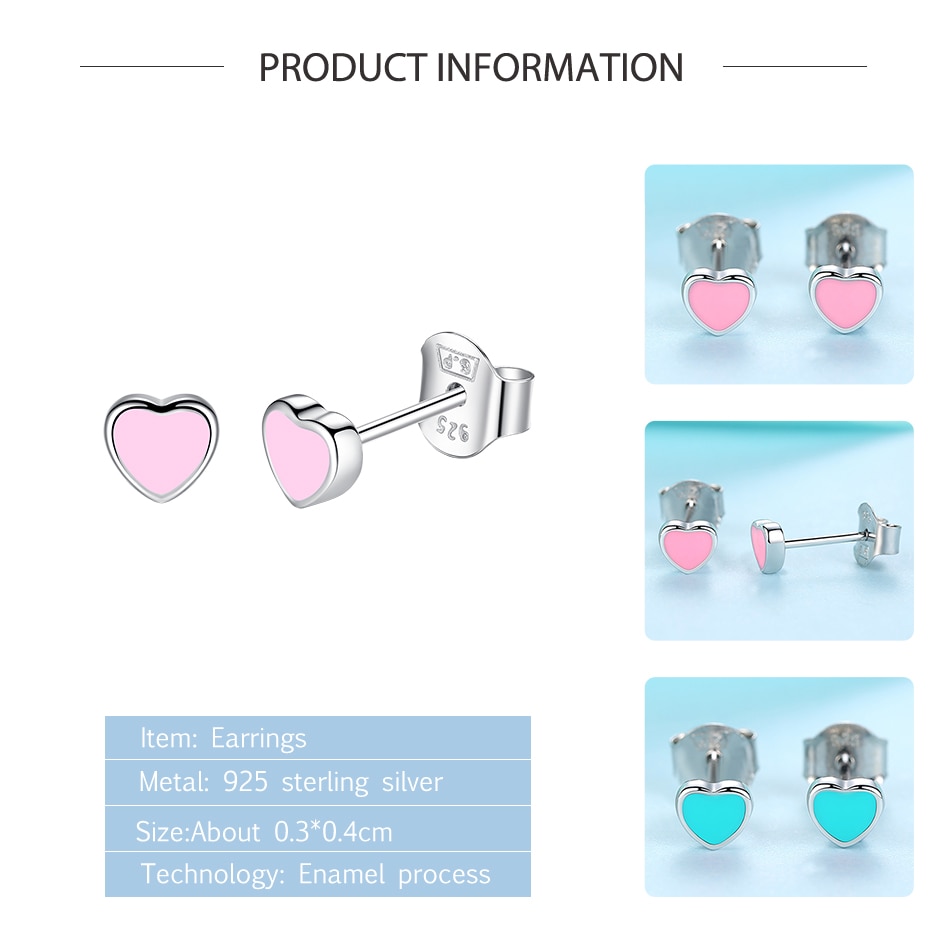 BELAWANG 925 Sterling Silver Blue Enamel Heart Push-back Stud Earrings for Women Girls Sterling-Silver-Jewelry Children Earrings