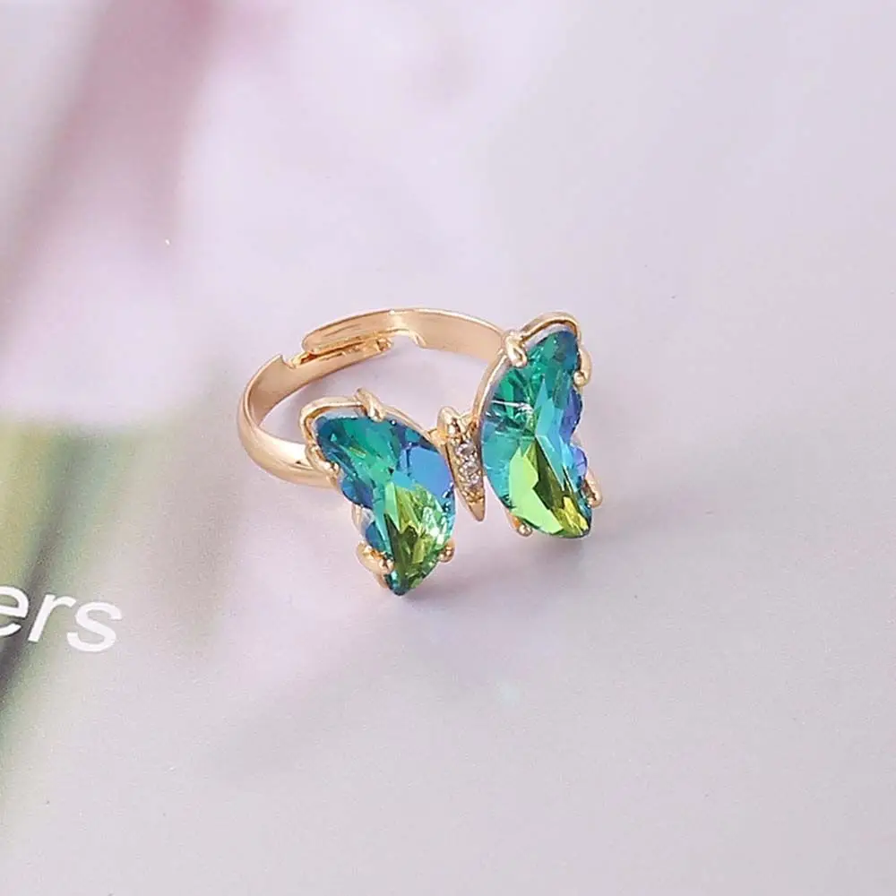 Adjustable Women Girls Korean Crystal Butterfly Open Ring Jewelry Finger Rings: green