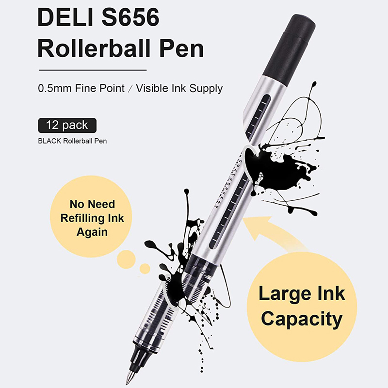 Deli RollerBall Pens,12 Pack Blue Black Fine Point Roller Ball Pen, 0.5mm Liquid Gel Ink Pen for Writing Journaling Taking Notes