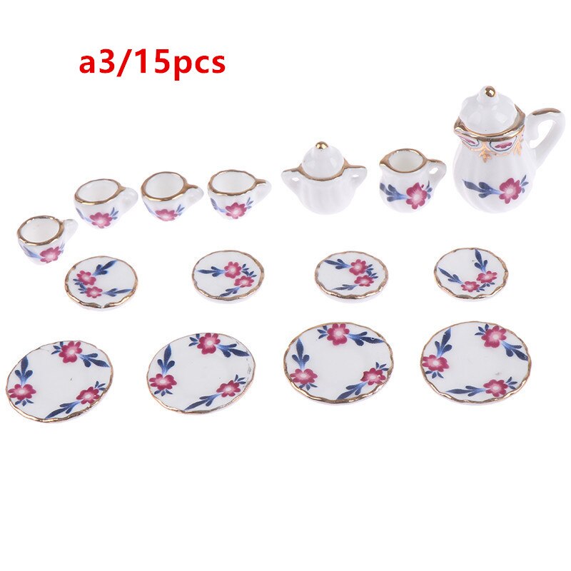 15Pcs 1:12 Miniature Porcelain Tea Cup Set Chintz Flower Tableware Kitchen Dollhouse Furniture Toys For Children: a3