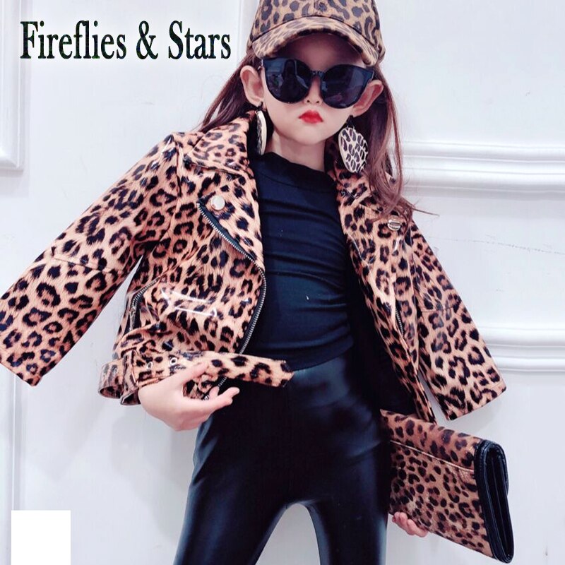 Primavera outono meninas do plutônio casaco de bebê crianças outwear streetwear roupas de couro falso leopardo wasitband snap 3 a 11 anos