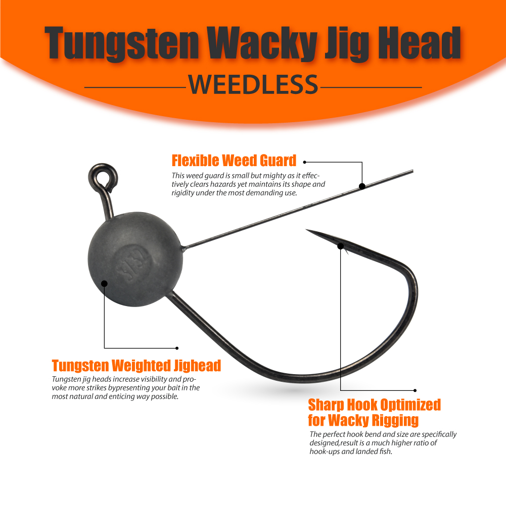 MUUNN Tungsten Wacky Weedless Jig Hooks, Wacky Rig/Texas Rig Jig Heads Soft/Wacky Worms Fresh Water Bass Fishing Lure Tackel