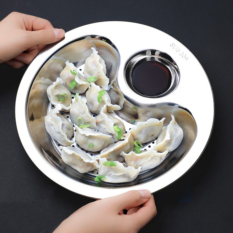 Assiette Double couche plat vinaigre boulette inox frites Dim Sum assiette Sushi grande avec bac de vidange restauration rapide