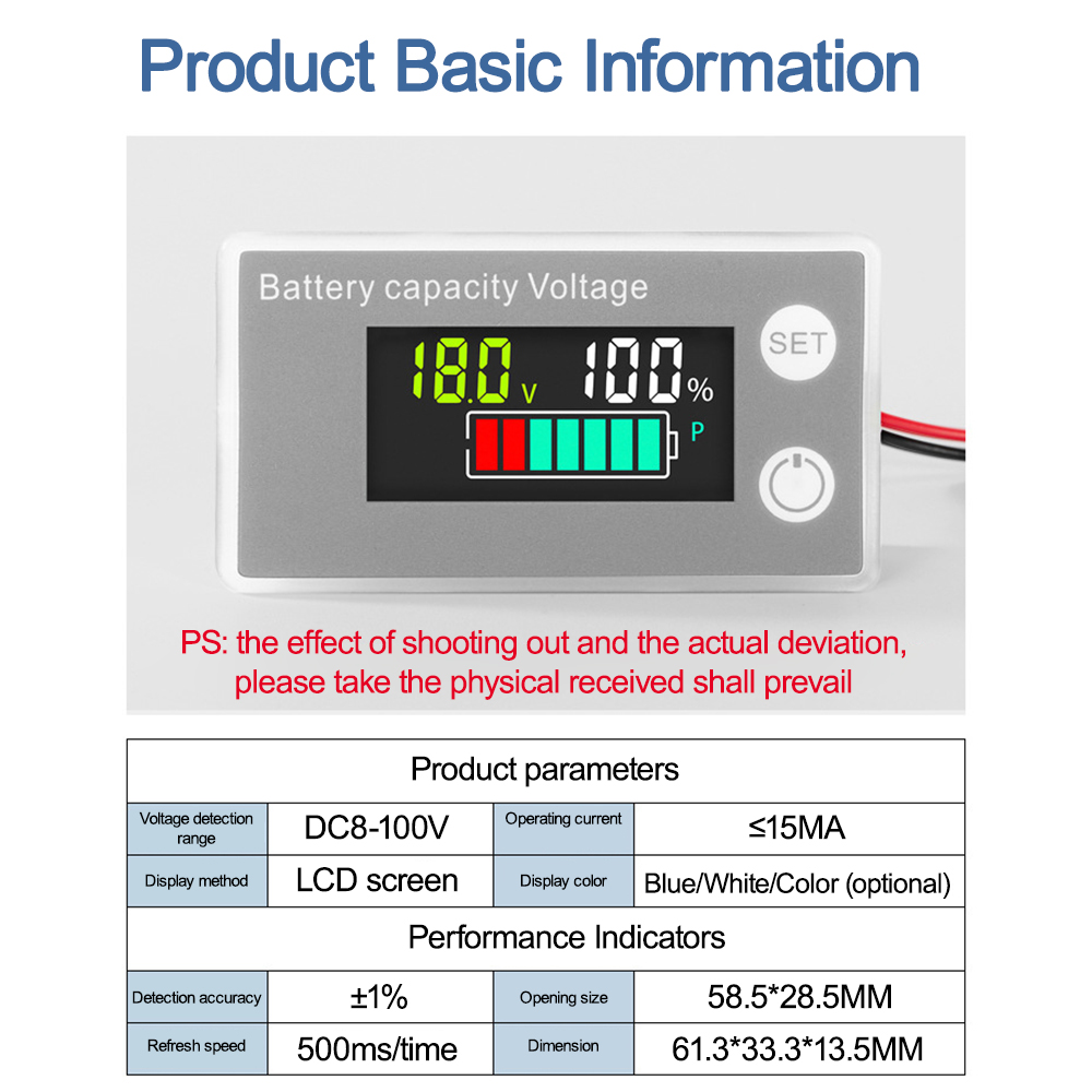 6133A Battery Capacity Indicator DC 8V-100V LCD Digital Voltmeter Electricity Meter 12V 24V 48V 72V Voltage Tester Battery Gauge