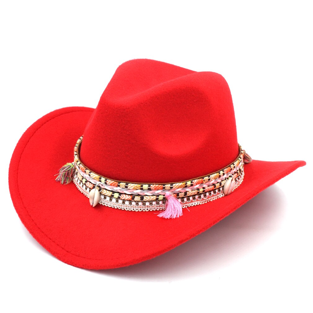 Mistdawn kvinder damer uld bred rand vestlige cowboy hat cowgirl ridning kostume kasket kvast boheme hatbånd størrelse 56-58cm bbd: Rød