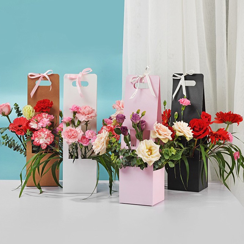 Portable Foldable Flower Box Waterproof Paper Packing Bag Florist Fresh Flower Carrier Bag Handmade Bouquet Basket Wedding