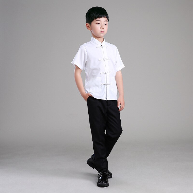 Chinese Folk Dance Korte Mouw Tang Pak 2 Stks voor Jongens Chinese Sets Dans Kungfu Past Darncewear: white / XS