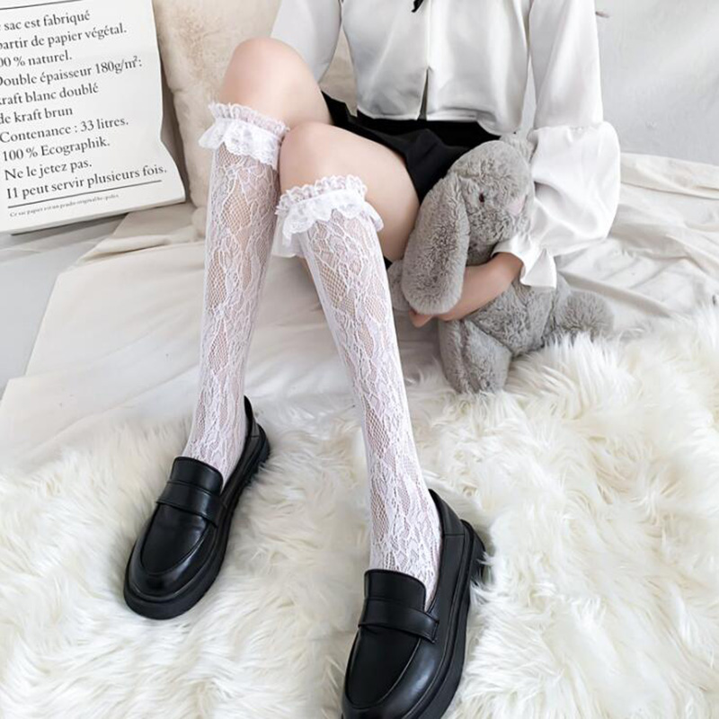 Medias de encaje para mujer, medias largas transparentes, delgadas por encima de la rodilla, ropa de calle: short white