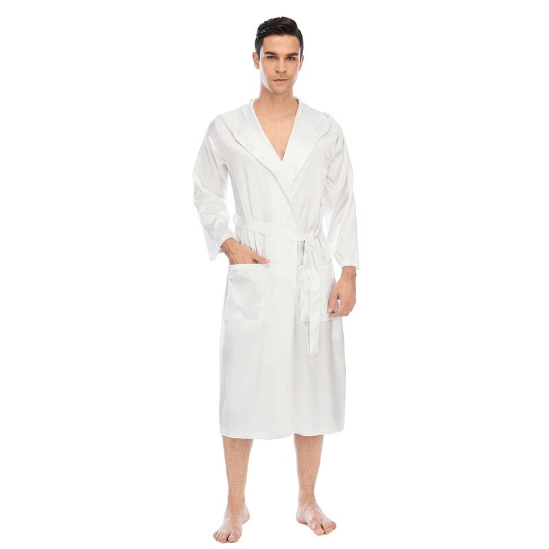 Faxu Silk Robe Male Hooded L-XXXL Nightgown With Packets Men's Bathrobe Winter Long Robe Mens Bath Robe Pajamas