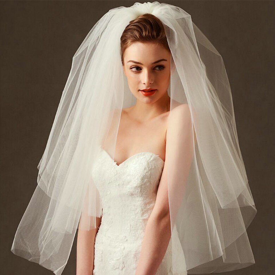 de la boda velo Simple tul blanco de dos capas, velo de novia barato novia accesorios 75cm corto velos con peine