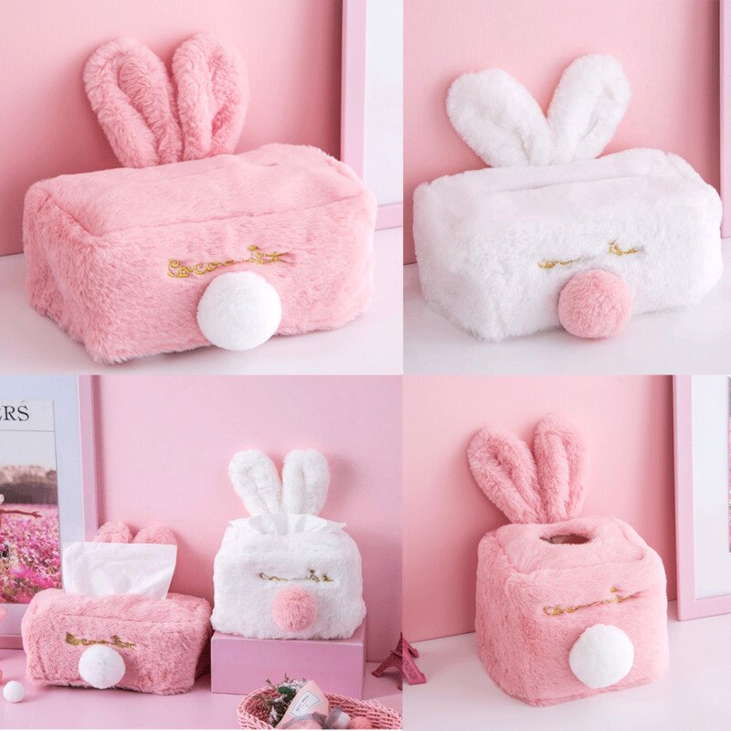 Holdbar rom plysj bil firkantet silkeskuff papirholder etui deksel serviett kawaii rosa hvit