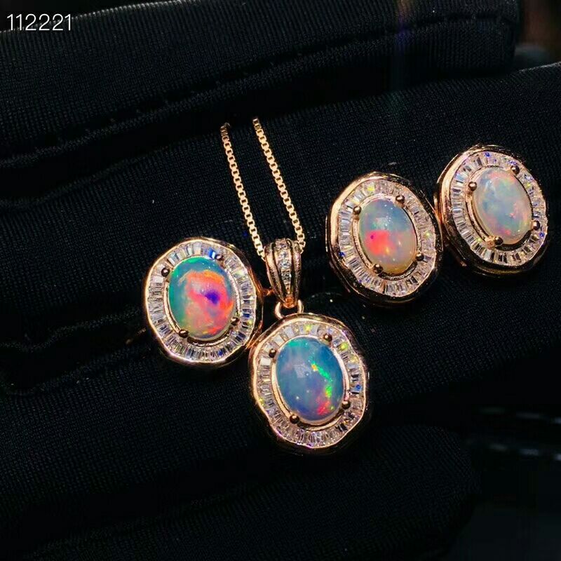 MeiBaPJ, pendientes de flores de piedras preciosas de ópalo Natural, anillo y collar, conjunto de joyería fina de 3 piezas para mujer Plata de Ley 925 auténtica