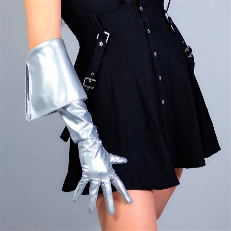 Latex Lange Handschoenen Kunstleer Pu 26 &quot;65Cm Zwart Extra Cut Flip Foldover Vrouwen Lederen Handschoenen PU246: Zilver