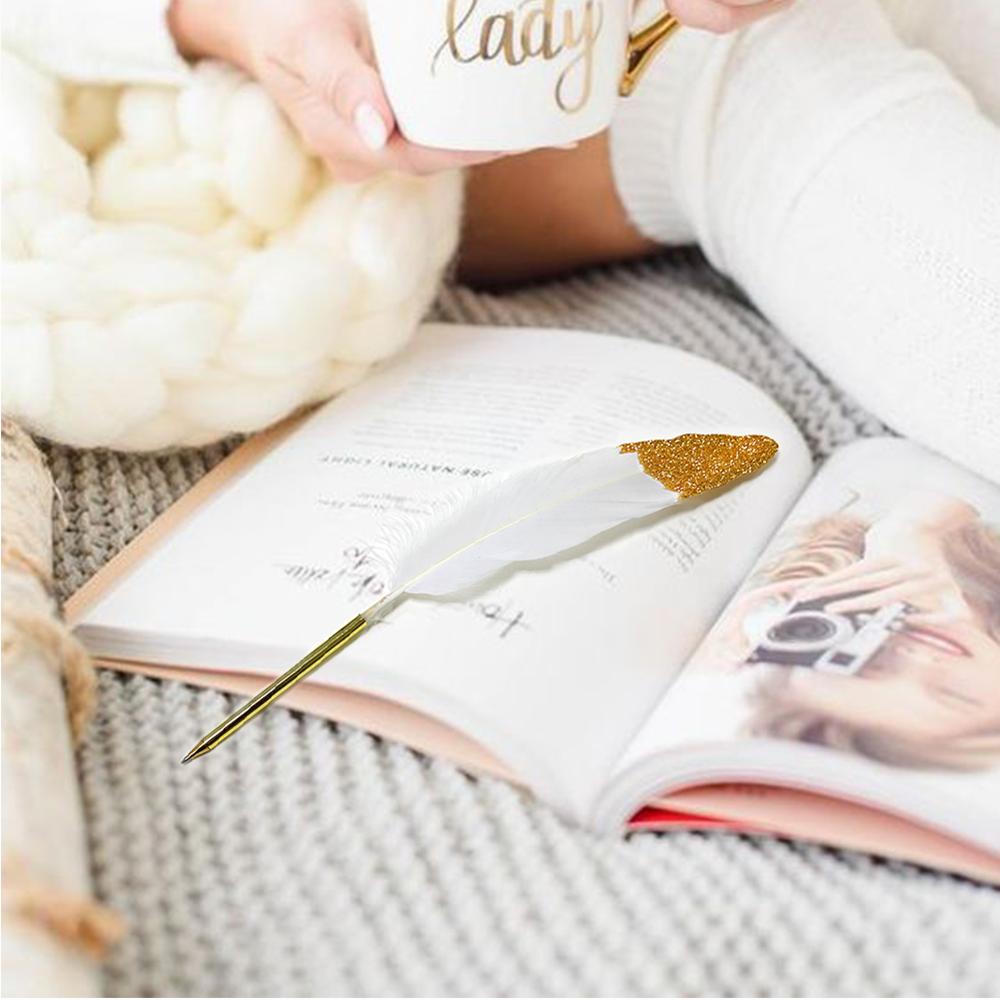 Golden White Feather Signature Ballpoint Pen Set for Party Reception Signing Ceremony Marriage Bridal Baby Shower Stationery