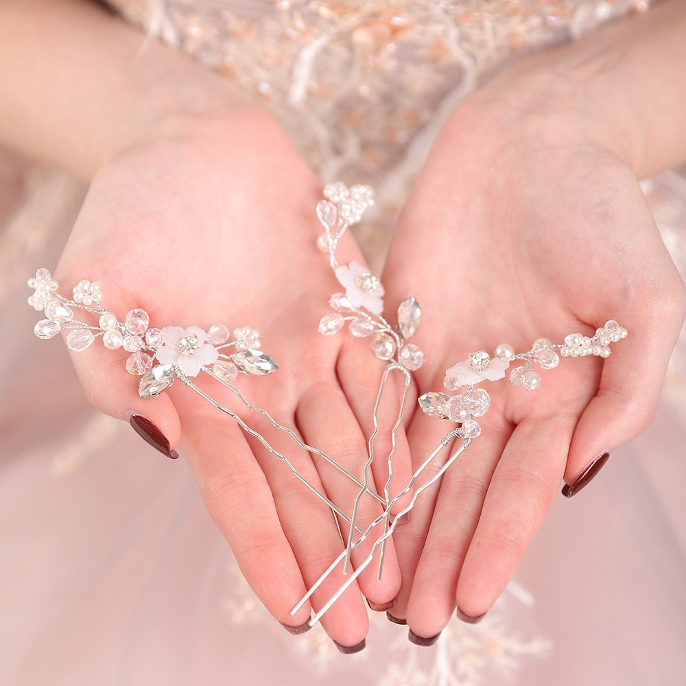 Blomma kristall pärlor strass silver huvudbonader hårnålar set fest bankett bröllop brud håraccessoarer för kvinnor
