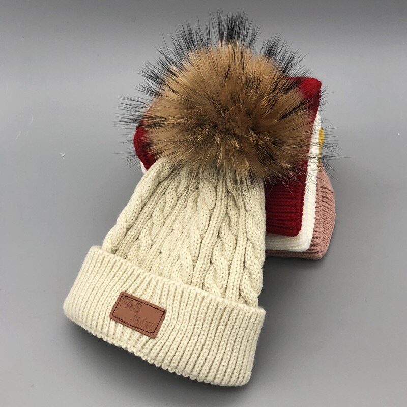 bonnet enfant skullies beanies for kids winter hats children kids boys girls fur pompom skullies beanies for kids pompom hat: beige