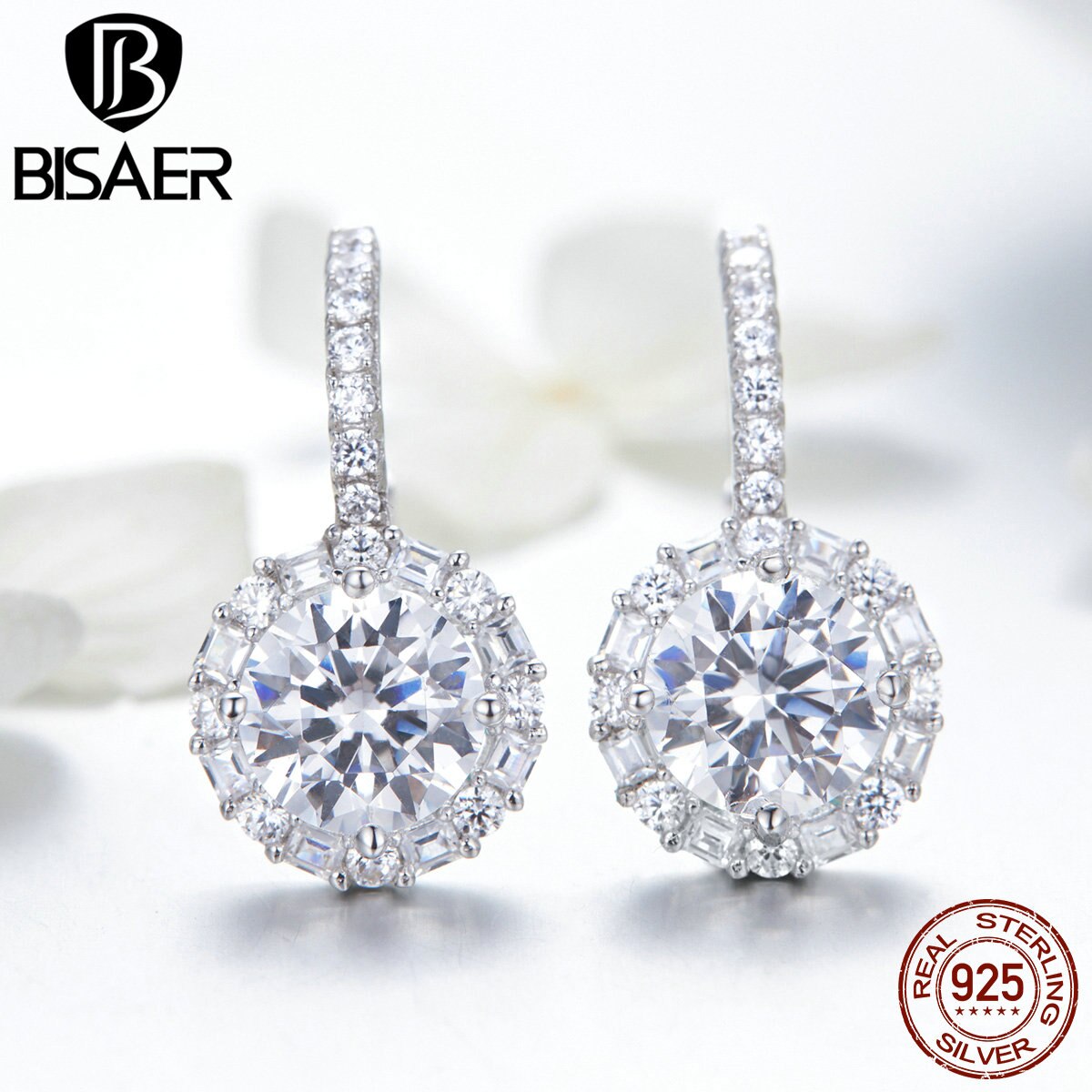 BISAER Klassische 925 Sterling Silber Runde Zirkon Ohrringe Einfache Kreis CZ Zucht Ohrringe für Frauen Hochzeit Schmuck ECE508