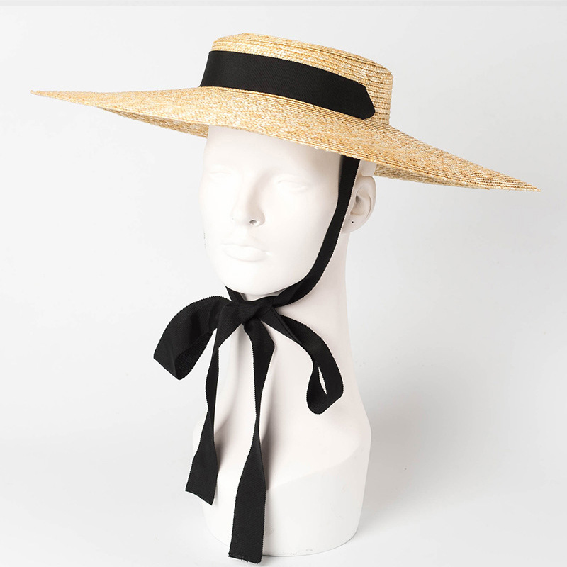 Sombrero de ala ancha Boater 15Cm sombrero de paja de ala plana mujeres Kentucky Derby sombrero negro lazo sombrero de sol playa