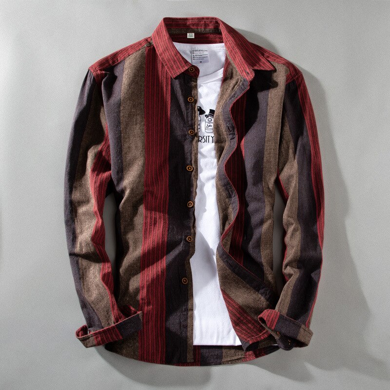 901 Men Vertical Striped Shirt Loose Long Sleeve Irregular Comfy All-Match Gentlemen Youth Japan Style Tops: 901 Red / XXXL