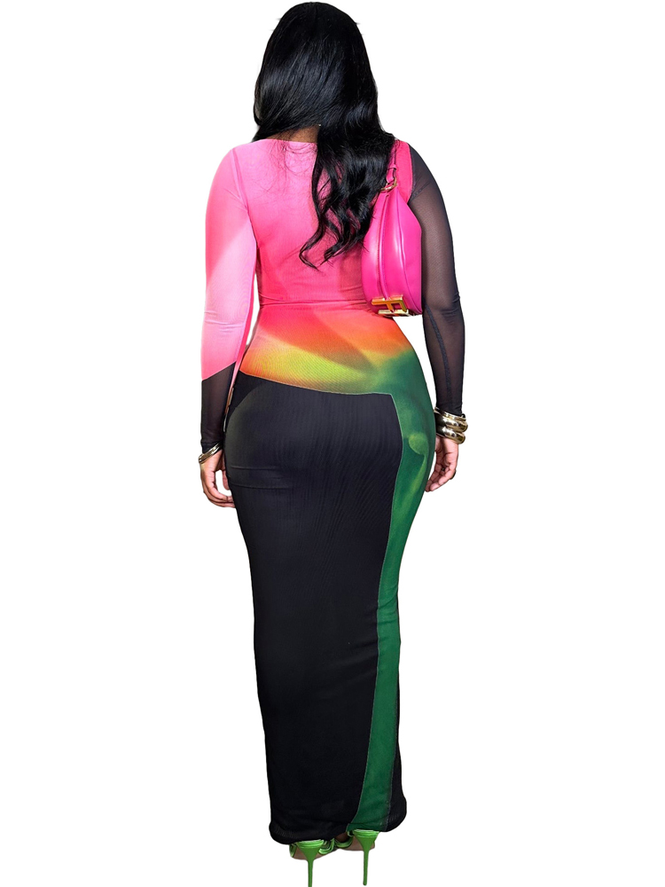Tie-dye printet mesh-kjole kvinder fuldærmet bodycon maxikjoler aften sexet afslappet fest high street lang kjole