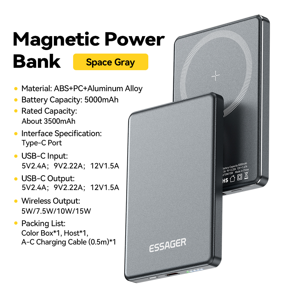 Essager Dunne Draadloze Power Bank Magnetische 20W 5000mAh Draagbare Snel Opladen Externe Batterij voor Magsafe Voor iPhone 16 15 14 13: Zilver