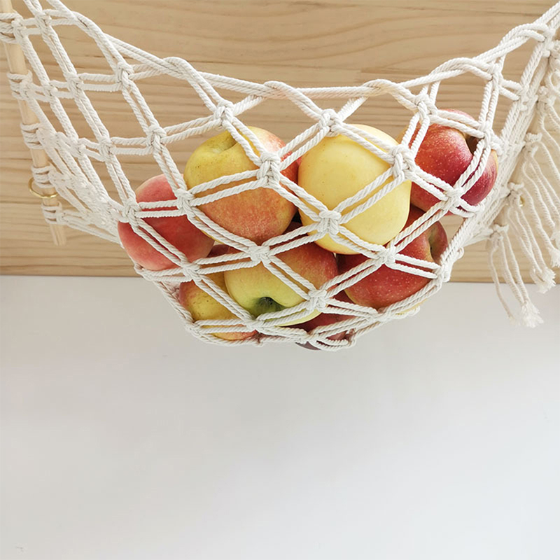 Home Kitchen Storage Baskets Wood Stick Holding Fruit Vegetable Hanging Hammock