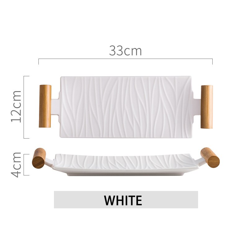 Nordic Ceramic Rectangular Sushi Long Plate Dessert Cake Snack Salmon Roast Meat Chicken Wings Plate With Handle Dinnerware: WHITE