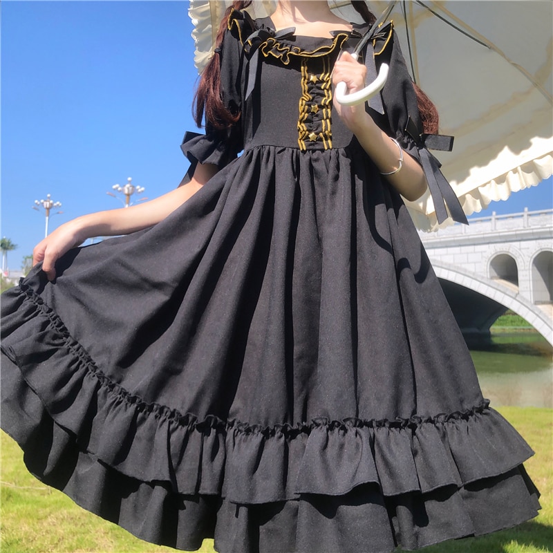 Kawaii lolita klær viktoriansk gotisk kvinner kortermet svart lolita kjole japansk søt stil goth halloween lolita  bl4341