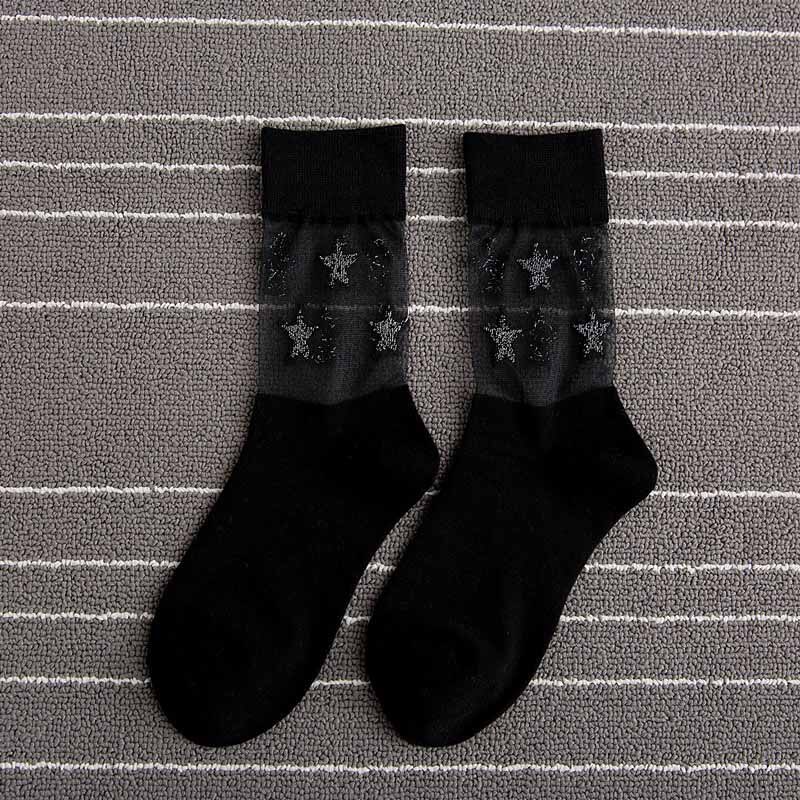 [wploikjd] skinnende sølvstjerner gennemsigtigt glas harajuku sokker kunst moda mujer sokker kvinder japan calcetines mujer meias feminin: Sorte sokker