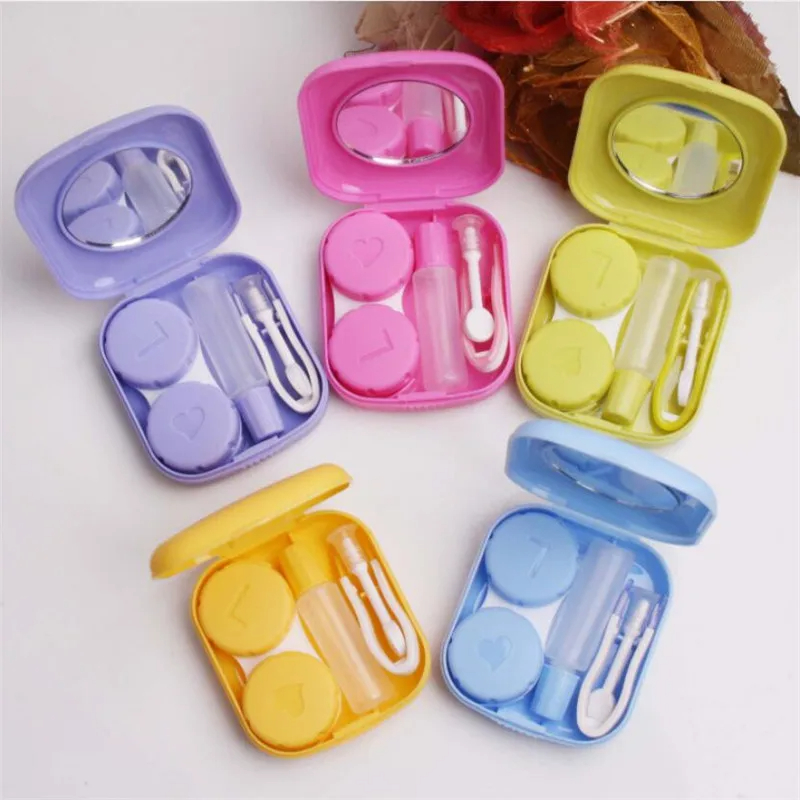 1 Stück quadratischer Mini-Kontaktlinsenbehälter mit Spiegel für Frauen, bunte Linsenbox, Augenbehälter, schöne Reise-Sets